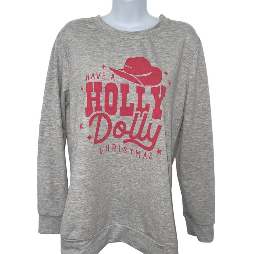 DOLLY PARTON HAVE A HOLLY DOLLY CHRISTMAS Gray Crew Neck Sweatshirt Size Medium